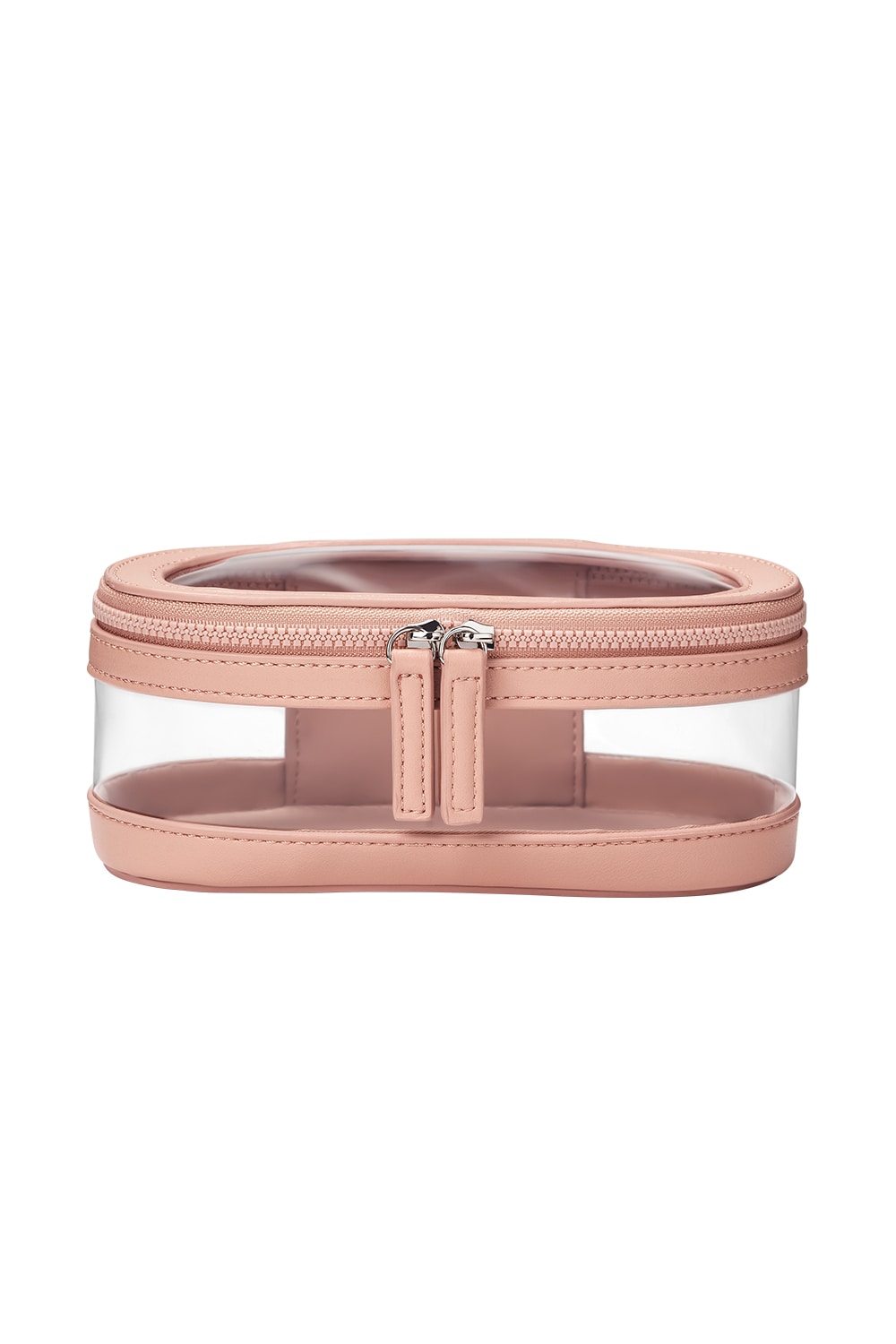 A sleek, pink, transparent makeup bag with a smooth zipper, designed for organizing beauty essentials with a clear view of the contents.