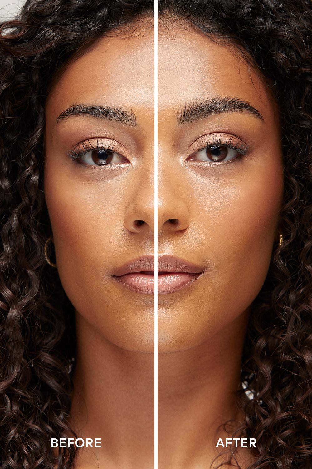 Before and after comparison of a woman's face after Dashl makeup.