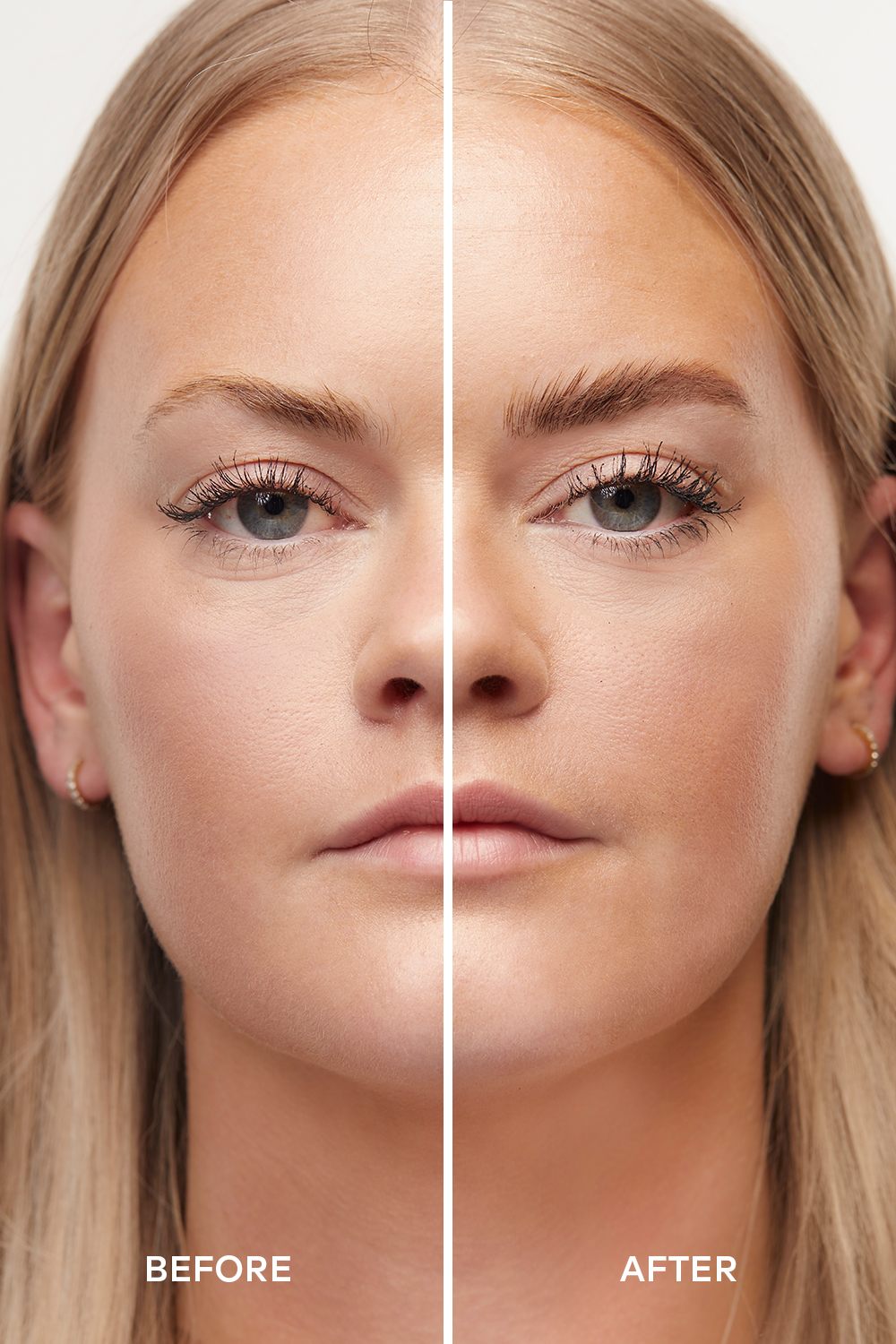 Before and after comparison of a woman's face after Dashl makeup.