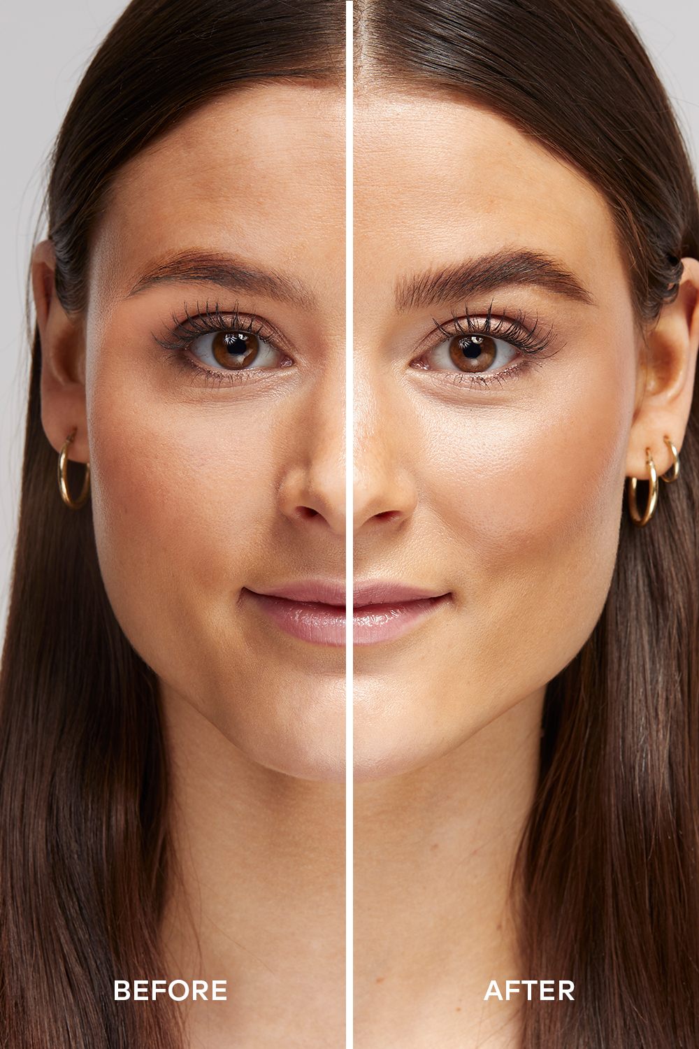 Before and after comparison of a woman's face after Dashl makeup.